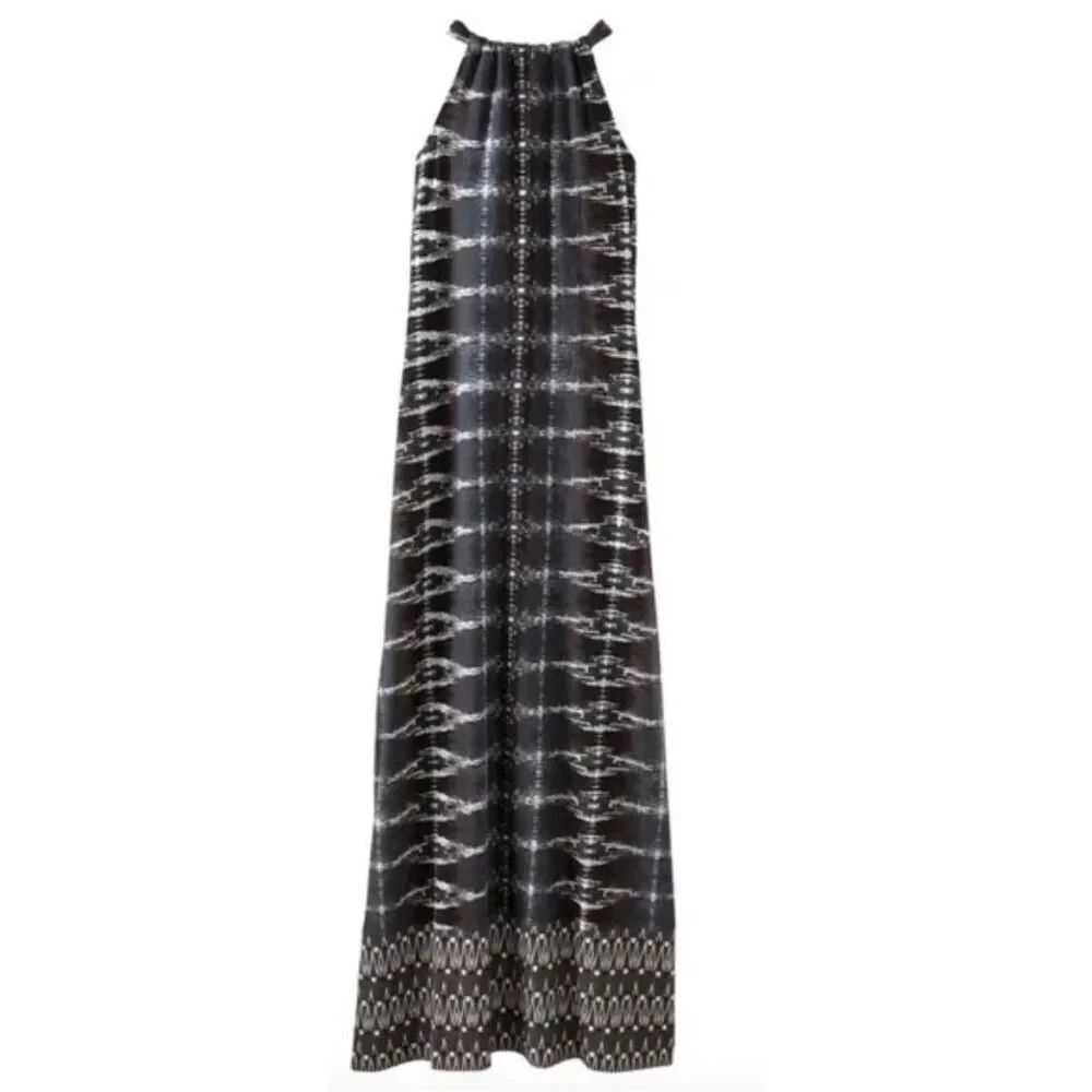 ATHLETA Santana gray boho print Sport SUN Halter MAXI long DRESS sz M